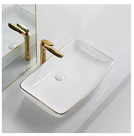 Lavabo Art Lavandino moderno in ceramica con decoro Lavandini da bagno montaggio superiore dorato sopra il lavabo rettangolare appoggio, bianco Lavabo da bagno(Grande)