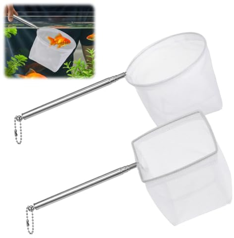 2Pack Fish Net Aquarium, Extendable Stainless Steel Fishes Tank Shrimp Net | 3.4in & 4in Small Fish Nets Shrimp Net for Fish Tank Pond Creek with Extendable Handle, Dry Mesh Scoop, Fish Tank Accessories