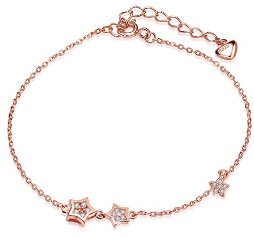 Infinite U - Braccialetto elasticizzato da donna e ragazza, in argento 925 con due stelle carine decorato con zirconi lucidi, colore oro rosa, argento sterling e pietra metallica in plastica,