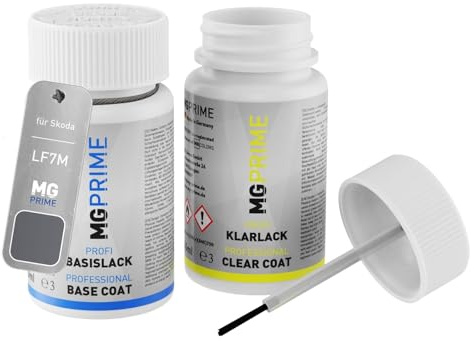 MG PRIME Autolack Lackstift für Skoda LF7M / 2C Empire Grey Metallic +1K | Empire Grau Metallic, Set aus Basislack + Klarlack, Lackfläschchen mit Pinsel, je 50ml