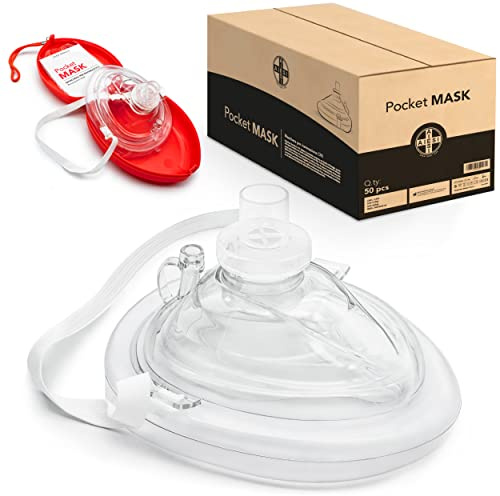 AIESI® Pocket Mask máscara de emergencia profesional para respiración boca a boca con válvula unidireccional y filtro (Paquete de 50 piezas), CPR Mask-Resuscitator