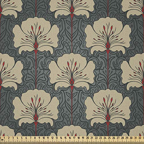 ABAKUHAUS Floral Stoff als Meterware, Art Nouveau Mohnblumen, Microfaser Multi Zweck Dekostoff für Kunsthandwerke, 3M (230x300cm),Zinnoberrot Grau Tan