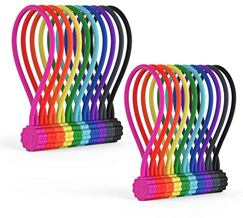 Rich&Ray Silicone Magnetic Cable Ties, Reusable Phone Cord Organizer, Magnetic Twist Ties for Headphone Cables, Charging Cable Organizer, Book Markers, Hanging Stuff or Just for fun, 10 Color-20Pack