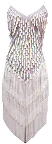 Grouptap Womens flapper gatsby sequin tassel ballroom dance sling skirt white latin salsa tango samba cha cha rumba dress size 6/8/10/12 (White, UK 6-12)