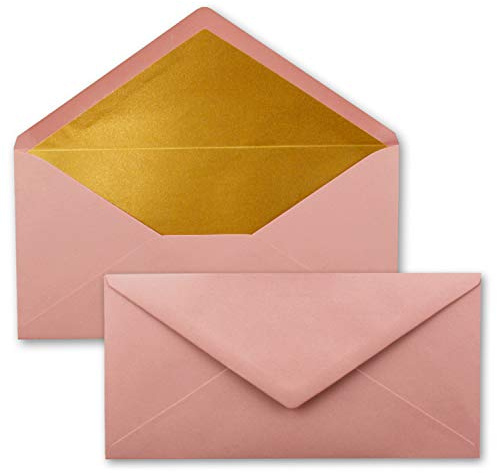 15 brevkuvert DIN långa – gammalrosa (rosa) med guld-metallic innerfoder – 110 x 220 mm – våtlimning – festliga kuvert till jul