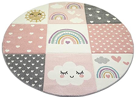 CARPETIA Teppich Kinderzimmerteppich Kinderzimmer Teppich Herzchen Wolken Regenbogen Punkte rosa Creme grau Größe 160 cm Rund