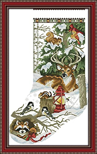 Amiiba Geprägte Kreuzstich-Set, Winterwald-Tier-Weihnachtsstrumpf, DIY, 11 Karat, 42,9 x 67,8 cm (Weihnachtsstrumpf)