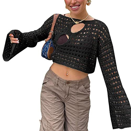 ZZLBUF Dam urholkad virkad stickad tröja magtröja långärmad tröja beskuren jumper täcka pullover toppar Y2K streetwear, 01 svart, M
