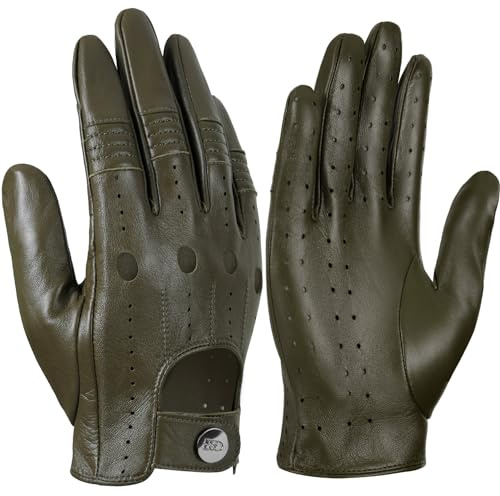 GSG SINCE 1998 Lederhandschuhe Herren – Ungefüttert & atmungsaktiv mit zusätzlicher Belüftung, Touchscreen Fahrhandschuhe aus Schafsleder für Auto & Motorrad Armeegrün M