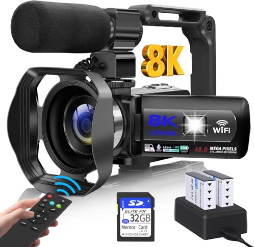 WIKICO Camcorder 8K 48MP YouTube Camcorder 18X Digital Zoom 3 Inch Touch Screen with WiFi External Microphone Fill Light Remote Control 32GB SD Card and 2 Batteries