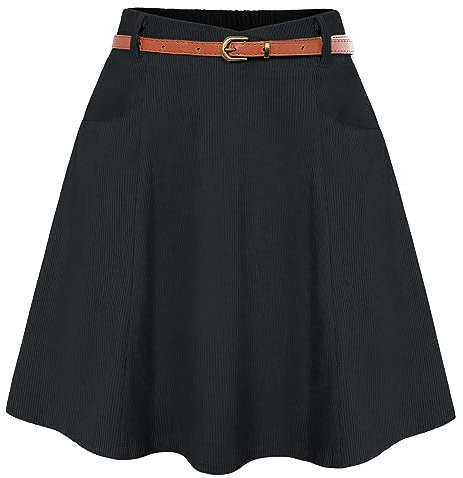 Belle Poque Femme Jupe Sexy Taille Haute Mini Jupe en Velours Côtelé A-Ligne avec Ceinture et Poches pour Business Casual XXL Noir