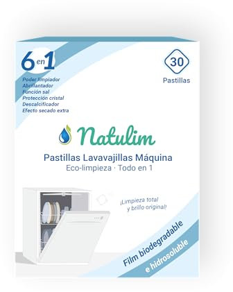 Natulim - Compresse per lavastoviglie 6 in 1 biodegradabili e idrosolubili, confezione da 30 - Pulizia profonda, risciacquo, funzione sale, protezione vetri, effetto extra secco - Made in EU
