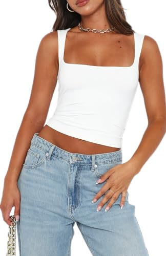 Bovldemt Vest Tops Women UK Crop Tops for Women Sleeveless Tank Tops Women Square Neck Top(M) White