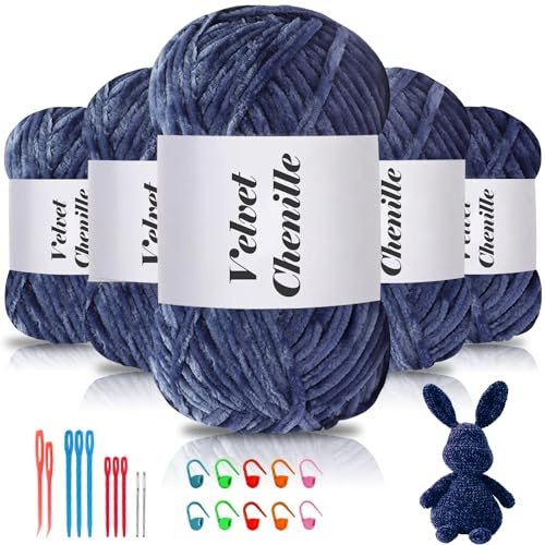Maxee 500g(5×100g) Samtig Babywolle, Samt Chenille Garn mit Häkelwerkzeuge, Kuschelweich Velvet Chenillegarn Flauschige, Weich Plüschwolle Häkelgarn Wolle zum Stricken & Häkeln