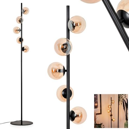 Stehleuchte Remaisnil, Stehlampe aus Metall/Glas in Schwarz/Bernsteinfarben, Standlampe im Retro/Vintage-Design mit Schirmen aus Glas (Ø 10 cm) u. Fußsschalter, Höhe 160 cm, 6 x G9, ohne Leuchtmittel