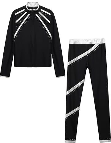 Alvivi Kinder Mädchen Sport Set Trainingsanzug Langarm Sweatjacke + Hose Sport Leggings Glänzend Eiskunstlauf Anzug Yoga Gym Sportanzug Silber 122-128