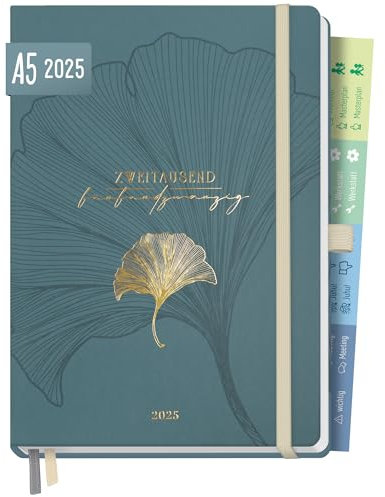 Häfft® Chäff-Timer Premium Kalender 2025 A5 “Blue Ginkgo” Buchkalender, Terminplaner, Terminkalender, Wochenplaner, Wochenkalender 12 Monate: Jan 25 bis Dez 25 - nachhaltig & klimafreundlich