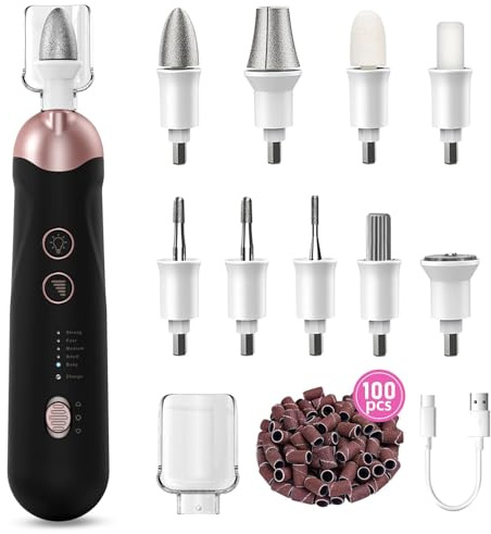 Professional Manicure Pedicure Kit, 9 in 1 Cordless Nail Drill with 100 pcs Nail Drill Bits Sanding Bands, Nail Grinder for Human, 5 Speeds, Nail Dremel Kit for Home and Salon Use