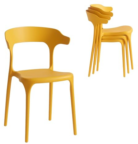 Xdeco Modern Stackable Dining Chair Set, No Assembly, Plastic Chair, Patio Chair, Suitable for Indoor and Outdoor Cafes and Restaurants, Set of 4 (Mustard Yellow)