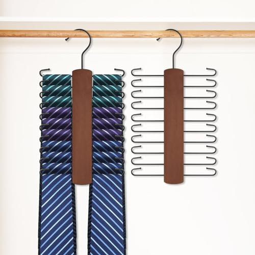 GmeDhc 2 Pcs Tie Hanger for Wardrobe, Wooden Tie Rack With 20 Hooks, Coat Hangers Space Saving, For Scarves Belts And Accessories
