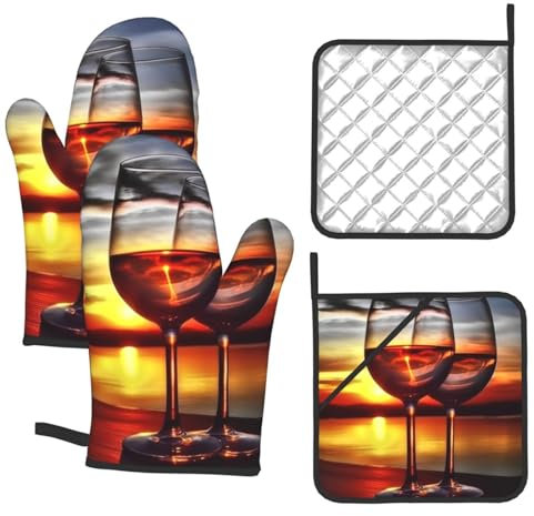 Sunset Wine Glass Oven Mitts and Pot Holders Sets of 4 Heat Resistant Kitchen Oven Gloves and Hot Pads Non-Slip Waterproof Potholder Farmhouse Cooking Mittens for Baking BBQ Grilling