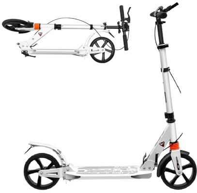 Kickscooter für Kinder Jugendliche Erwachsene, Höhenverstellbarer Klappbarer Kick-Scooter bis 100kg Scooter Roller große 200 mm Räder Cityroller Tretroller mit Handbremse Weiße Kickroller