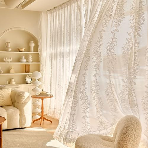 Homxi Vorhang Halbtransparent Modern 2er Set,2 x 96W x 115H cm,Gardinen Halbtransparent Weiß Blumen und Spitzenmuster Vorhang Fensterhaken