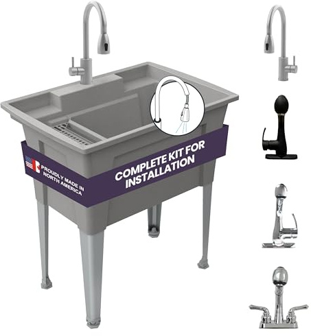 Freestanding Utility Sink with Stainless Steel Gooseneck Faucet - 32 Plastic Utility Sink for Garage, Laundry, Indoor and Oudoor Use - Laundry Tub Kit by Noah William Home - Grey (25.6 gal)