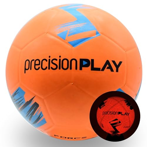 PrecisionPLAY Force LED-upplyst träningsfotboll, lyser i mörkret uppladdningsbar och vattentålig, fluo orange, hållbar gummikonstruktion, storlek 5