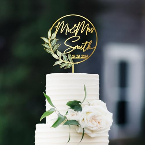 Party to Be Mr & Mrs Wedding Cake Topper with Green Leaves Custom Last Name and Date Personalized Round Frame Cake Decoration in Acrylic and Wood