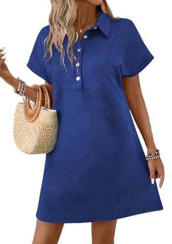 Acelitt Spring Summer Lapel Collared Dresses for Women 2026 Business Casual Work Batwing Short Sleeve Mini Dress Beach Sundress Vacation Outfits Blue Large