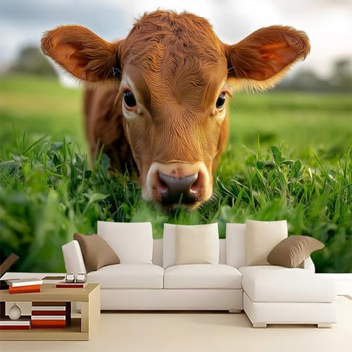 Papier Peint Panoramique Naturel Mignon Veau Intissé Papier Peint Décoration Murale Moderne 300 x 210 cm Photo Papier Peint Décoration Murale Salon Enfant Adulte Chambre Vert Marron