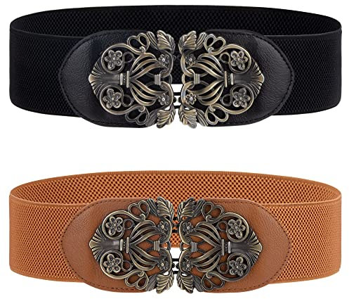 Tunejoy Damen Breiter Elastischer Taillengürtel 2 Stück Retro Damen Stretch Taille Kleid Gürtel mit Metall Schnalle für Frauen Kleider Schwarz + Braun