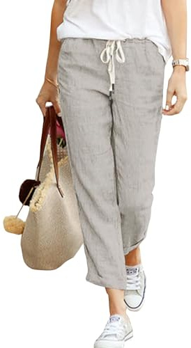 Cegerne Damen Leinenhose Lang Sommerhose Leicht Luftig Loose Fit Casual Baumwolle Stoffhose mit Taschen für Urlaub Strand 7/8, Grau, M