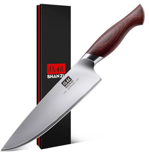 SHAN ZU Profi Kochmesser 20cm Japanisches Küchenmesser Chefmesser - Ultrascharf aus 5-lagiger 10Cr15MoV Edelstahl- Ergonomischer Pakka-Holz Griff - OKINAWA Series