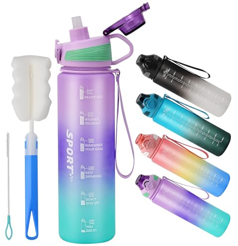 YOUNGCLUE 1L Water Bottle with Straw,Sports Drinks Bottle Leakproof,1 Litre Water Bottles With Time Markings BPA Free,Boys Girls Adults water bottles for Gym,Office, Travel,Cycling (9-Purple Green)