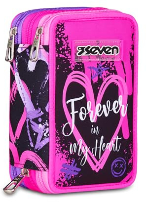 Seven Astuccio Scuola 3 Zip, Rosa, Portapenne Triplo Scomparto Completo Di Penne, Matite, Colori, Accessori Zaino, Scuole Elementari, Bambina