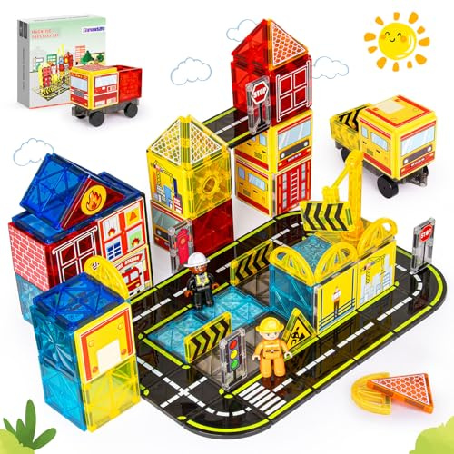 Magnetic Tiles Road Set with Fire Trucks & 2 Dolls, Double-Sided Magnet Tiles with 2 Cranes, Toys for Boys Ages 3-5 5-7, STEM Learning Construction Toys Include Car, Stations, Signs, Gifts for Kids 3+