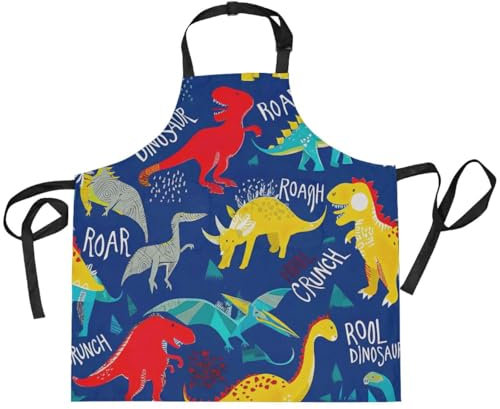 RPLIFE Delantal de cocina azul de dinosaurios coloridos, delantales de trabajo de lona con bolsillos, delantal de cocina a prueba de agua, delantales para cocina, Dinosaurios coloridos azules, talla