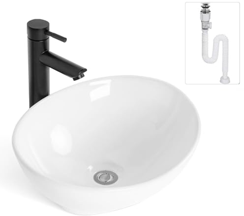 OUUTMEE Oval Aufsatzbecken Keramik 41.4 x 34 x 14.5 cm,Waschbecken Gäste WC Weiß + Armatur Aufsatzbecken Klein Handwaschbecken