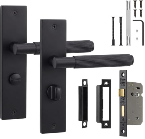 Decoranddecor Hera Matt Black Bathroom Door Handles with Lock Kit | Bathroom Lock & Thumb Turn Included, 64mm Fire Rated, Ready to Fit, Interior Door Handles, 200x45mm Plate