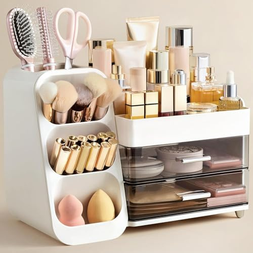 Grande Organizzatore per Trucchi con Supporto per Pennelli – Mobiletto per Cosmetici per Toeletta e Piano di Lavoro del Bagno per Rossetti, Smalti, Profumi e Palette di Ombretti