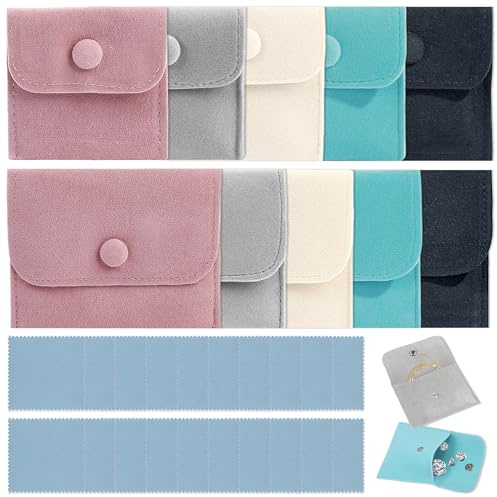 YiiHHooN Sacchetti per Gioielli con Bottone a Pressione, 10 Pezzi Sacchetti Velluto per Gioielli, 5 Colori Sacchettini Bomboniere con Panno per La Pulizia Dei Gioielli per Anelli Collane