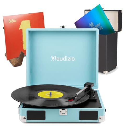 Audizio Briefcase Record Player with Built-In Speakers, Vinyl Storage Case & Wooden Display Stand – 3-Speed Turntable, RCA & Headphone Output, Retro Blue Finish – Complete Bundle for Vinyl Lovers