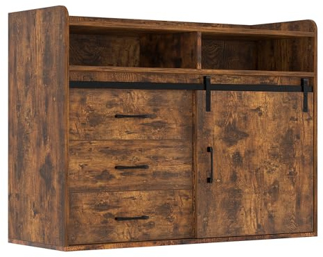 HOMAVO Aparador con Puertas Correderas, 140/107×80×40 cm – Mueble de Almacenaje con Cajones y Compartimentos para Comedor, Dormitorio u Oficina en Casa