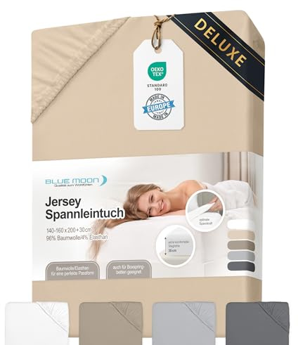 BLUE MOON Lenzuolo con angoli elasticizzati, 140 – 160 x 200 cm, in jersey, 96% cotone/4% elastan, 190 g/m², altezza 30 cm, gommato, adatto per boxe, Öko-Tex – Made in Europe (dune)