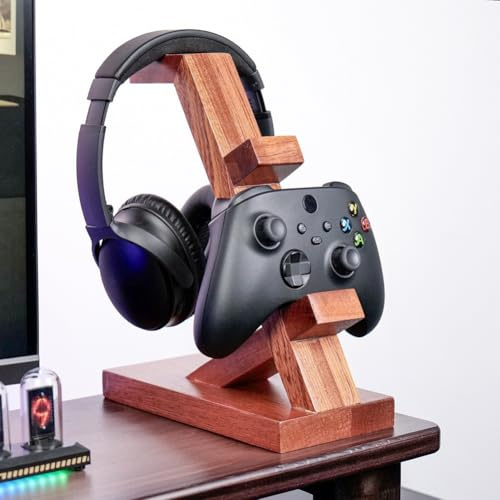 Gettimore Wooden Controller Stand and Headphone Holder for Gamers, 2-Tier Design with Non-Slip Pads, Compatible with PS4/PS5/Xbox One/Series X/Switch