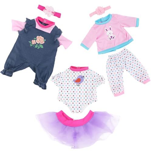 3 Puppenkleidung Sets für 35–45 cm Puppen, Oberteile Hosen Latzhosen Röcke | 3 komplette Outfits passend für 14–18 Zoll Puppen mit Oberteilen, Hosen, Latzhosen, Röcken und praktischem Haarband