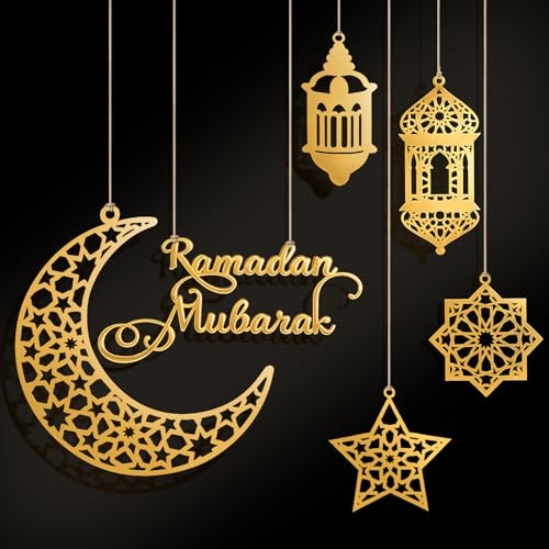 6 Stück Ramadan Kareem Decoration，Goldene Islamic Mond Stern Dekoration, Eid Mubarak Party Banner & Anhänger Set für Muslimische Ramadan, Eid al-Fitr & Zuckertest Fest Deko (Gold)