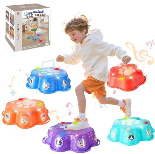 Balanciersteine für Kinder, Garten Spielzeug 5er Stapelbare Balance Steine Set, mit Licht und Musik für Drinnen & Draußen Spiele für Kinder ab 2-6 Jahre fördert Gleichgewicht, Balance & Koordination